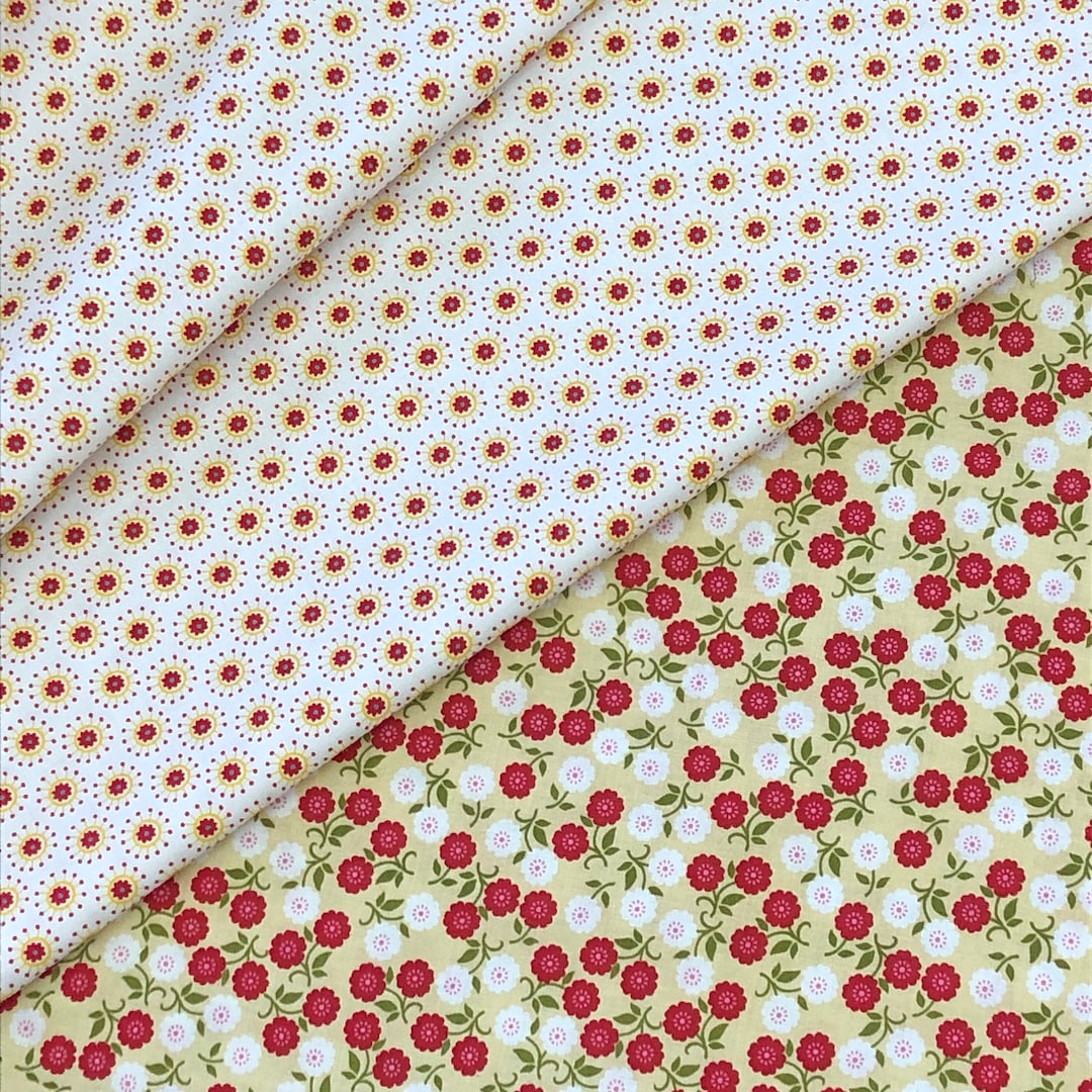 Floral Red Beige White Quilting Cotton Fabric, Small Flowers, Curtains ...