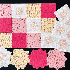 72 pink floral embroidered 8&quot; pre cut square quilt blocks, quilting fabric, yellow flowers, cream, embroidered patchwork quilt, charms