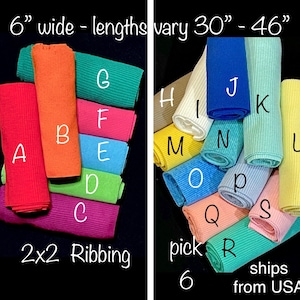 6 Ribbing 2 x 2 variety bundle, stretch fabric, 6&quot; x 46&quot; ea Rib knit binding, pink red green, cuffs waistband neckline t-shirts, USA seller