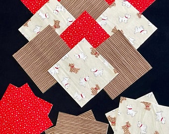 42 puppy dog  7" pre cut square quilt blocks, cream red brown tan, flannel blocks, boy patchwork baby quilt top, dog flannel, sewing project