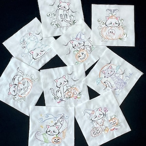 Kitten Halloween Embroidered set of 9 on 7&quot; square cotton fabric quilt blocks, Machine Embroidery, pumpkin, trick or treat, spider, bats