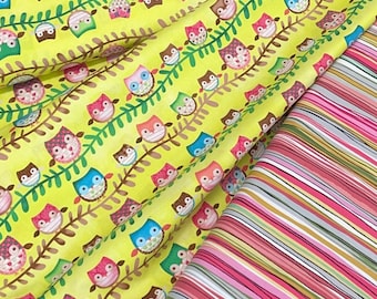 Woodland Owl tree branch baby fabric, striped coordinate, quilting, bright yellow blue friendly forest by spx, tree limb,  by the yard
