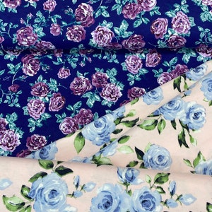 Rose floral flower garden flannel fabric, blue on pink, Navy on purple, flowers, blue roses, vintage look, quilt flannel, by the yard