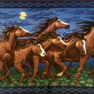 Horse wild stallion fabric panel, thunder ridge, horse running in moonlight, wall hanging Geometric border, option for slight flawed panel