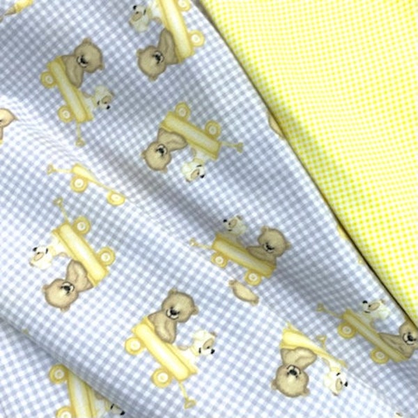 Teddy Bear puppy dog in wagon check flannel fabric, baby, yellow wagon, gingham yellow white gray checks, bed time blanket, sold by the yard