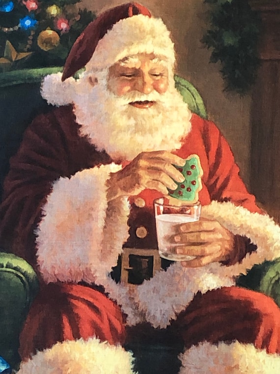 Santa Clause A Classic Christmas Fabric Panel, Cookies and Milk