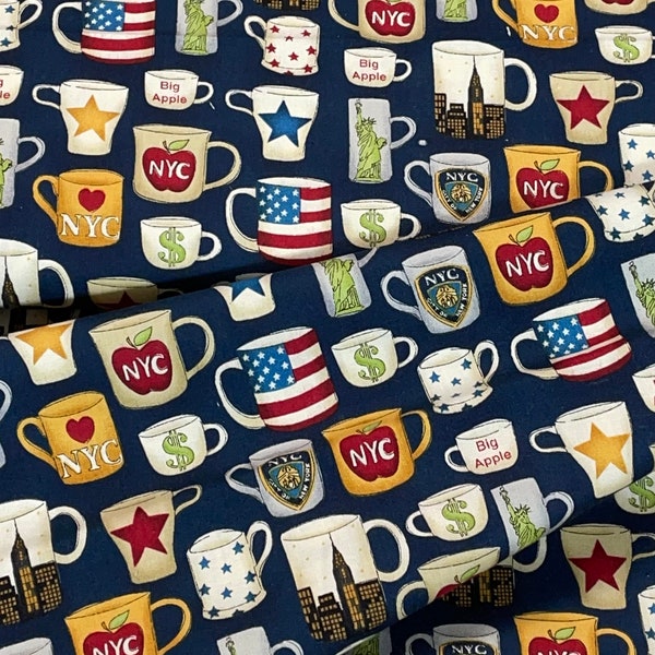 NYC Mugs TP1072-1 Makower UK, New York Theme Small Coffee Cups Cotton Fabric Priced Per yard Big City fabric, navy blue, colorful cups