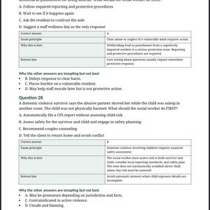 May include: A page from the "AnchoredMindCo Advanced ASWB Nuanced Questions Guide" with two practice questions for social workers. The questions and answers are in a black font on a white background.