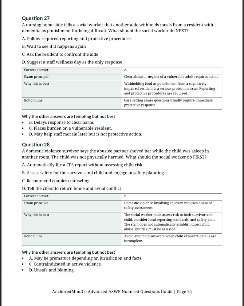 May include: A page from the "AnchoredMindCo Advanced ASWB Nuanced Questions Guide" with two practice questions for social workers. The questions and answers are in a black font on a white background.