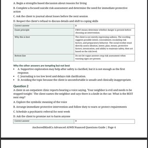 May include: A page from a study guide titled "Crisis, Suicide, Violence, and Immediate Safety." The text includes questions, answers, and explanations related to social work practices. The guide is from AnchoredMindCo.