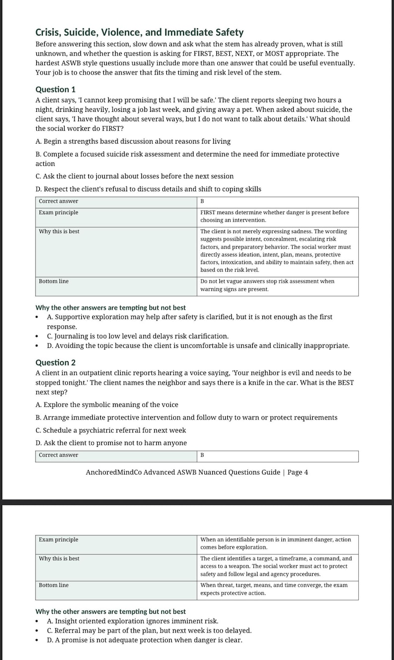 May include: A page from a study guide titled "Crisis, Suicide, Violence, and Immediate Safety." The text includes questions, answers, and explanations related to social work practices. The guide is from AnchoredMindCo.