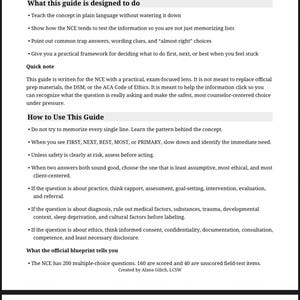 Op de afbeelding: Een zwart-wit document getiteld "AnchoredMindCo - NCE Exam Prep Guide". De gids biedt advies over het beantwoorden van vragen en het begrijpen van concepten voor het NCE-examen. De gids bevat informatie over het gebruik van de gids en wat de officiële blauwdruk vertelt.