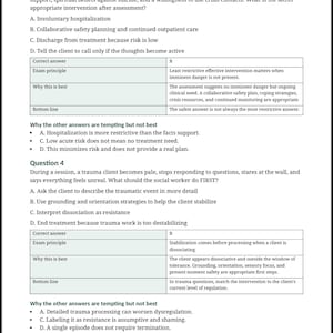 May include: A page from the "AnchoredMindCo Advanced ASWB Nuanced Questions Guide" with two multiple-choice questions. The questions and answers are in a table format, with explanations for the correct answers. The text is in black font on a white background.