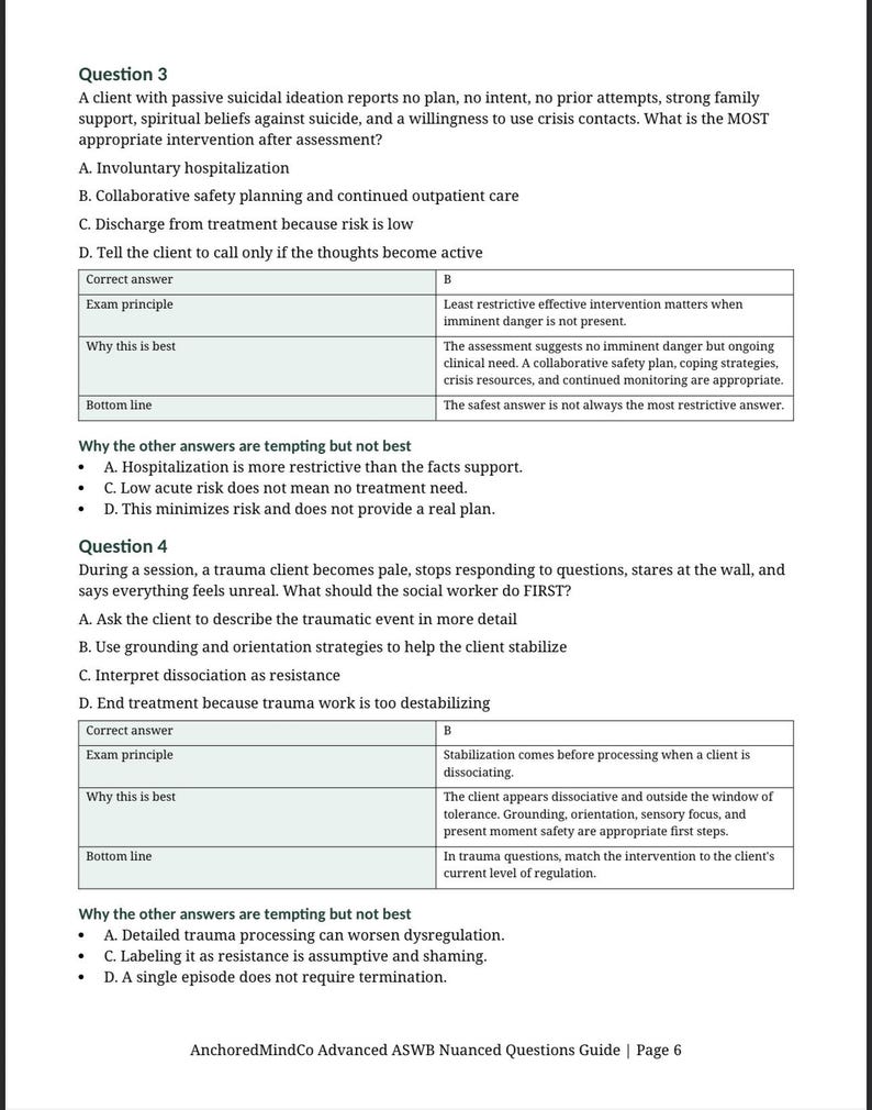 May include: A page from the "AnchoredMindCo Advanced ASWB Nuanced Questions Guide" with two multiple-choice questions. The questions and answers are in a table format, with explanations for the correct answers. The text is in black font on a white background.