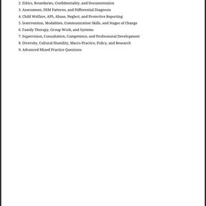 May include: A white page with the heading "Contents" and a numbered list of topics including crisis intervention, ethics, child welfare, and family therapy. The text is from the "AnchoredMindCo Advanced ASWB Nuanced Questions Guide | Page 3."