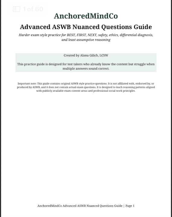Advanced ASWB Exam Style Questions Guide | LCSW LMSW Exam Prep | Nuanced Best/First Practice Questions + Rationales