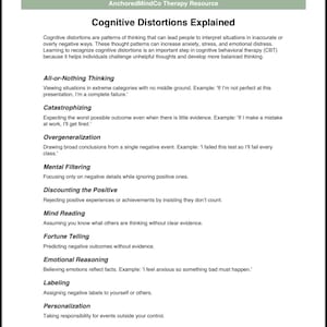 Puede incluir: Documento blanco con encabezado verde, titulado "Cognitive Distortions Explained". Detalla distorsiones cognitivas como 'Pensamiento de todo o nada' y 'Catastrofismo'. Es un recurso de terapia que explica patrones de pensamiento.