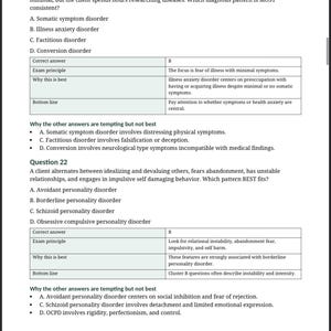 May include: A page from the AnchoredMindCo Advanced ASWB Nuanced Questions Guide. The text includes questions and answers about psychological disorders, such as illness anxiety and borderline personality disorder. The page is white with black text.