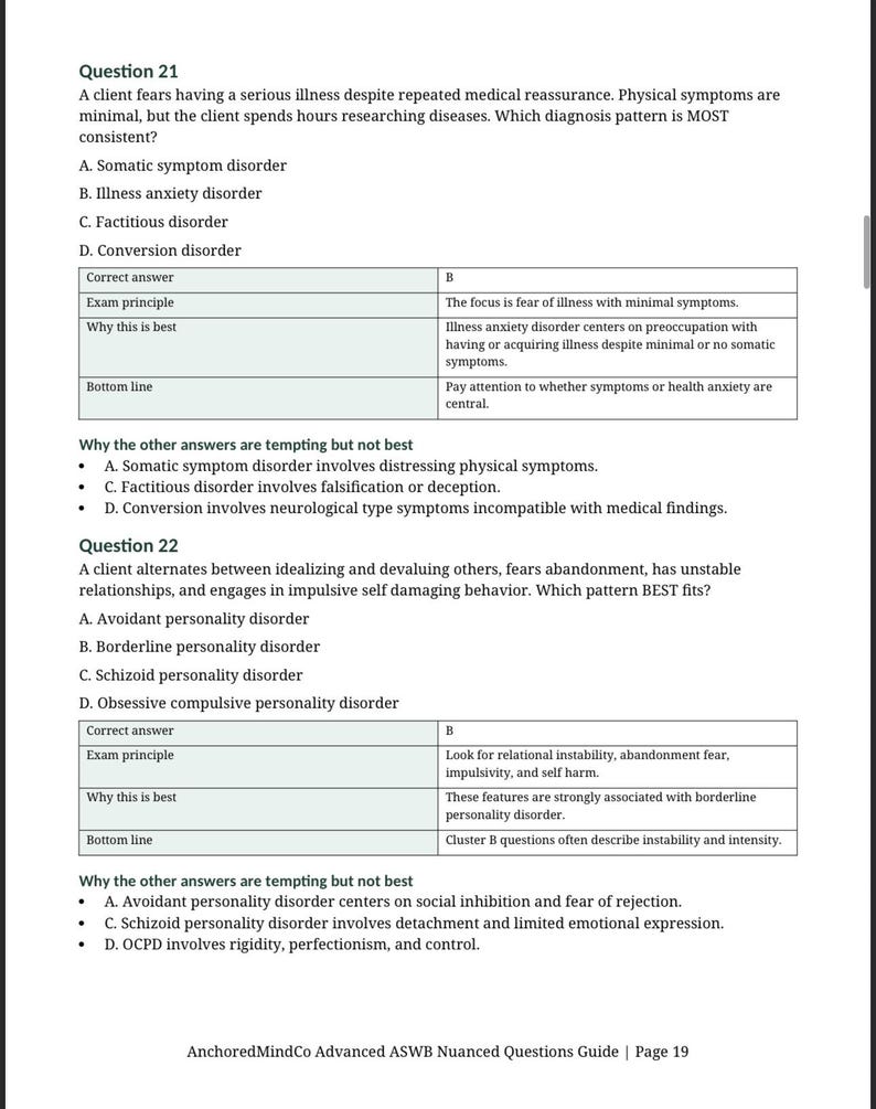 May include: A page from the AnchoredMindCo Advanced ASWB Nuanced Questions Guide. The text includes questions and answers about psychological disorders, such as illness anxiety and borderline personality disorder. The page is white with black text.