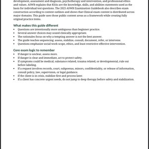 May include: A white page from the "AnchoredMindCo Advanced ASWB Nuanced Questions Guide" with text describing the ASWB Clinical examination, including content outlines, exam construction, and core exam logic. The guide's title and page number are at the bottom.