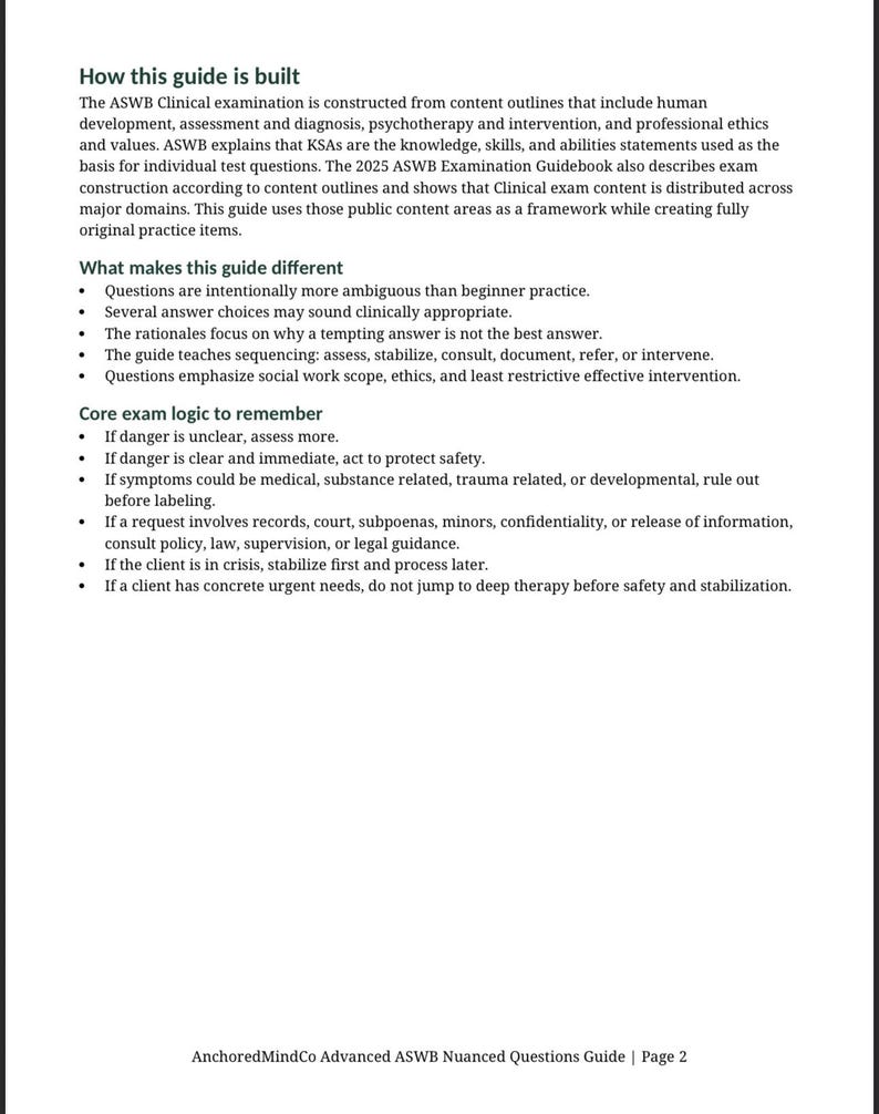 May include: A white page from the "AnchoredMindCo Advanced ASWB Nuanced Questions Guide" with text describing the ASWB Clinical examination, including content outlines, exam construction, and core exam logic. The guide's title and page number are at the bottom.