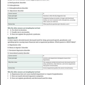 May include: A page from the "AnchoredMindCo Advanced ASWB Nuanced Questions Guide" with two multiple-choice questions about mental health diagnoses. The text includes questions, answer choices, and explanations.