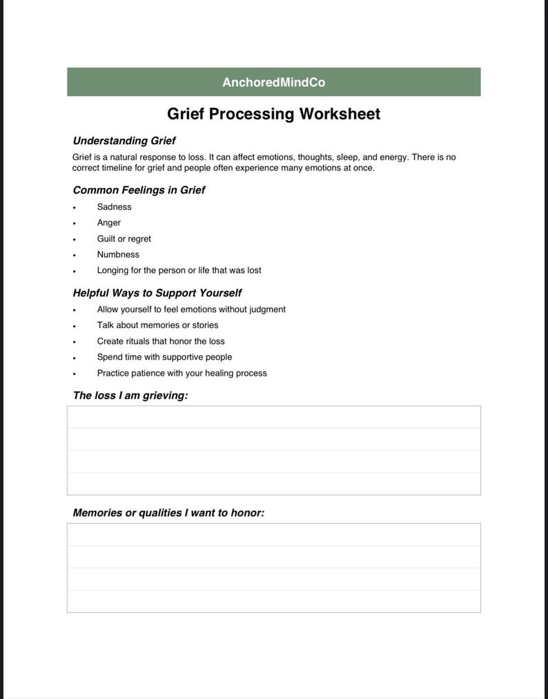 Grief Processing Worksheet | Coping With Loss Printable | Therapy Tool ...