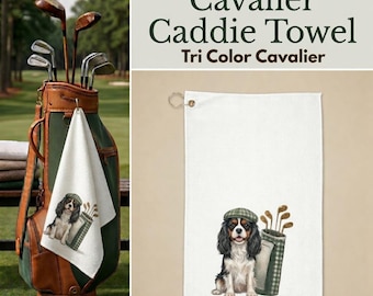 Toalla de golf tricolor con diseño de Cavalier King Charles Spaniel, accesorio de microfibra para golfistas, regalo para papás aficionados a los Cavalier.