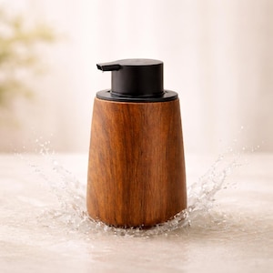 Sculptural Walnut Wood Grain Soap Dispenser – Refillable Pump Bottle for Japandi Bathroom Minimalist Kitchen