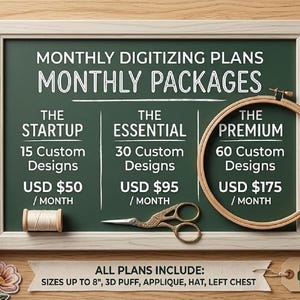 Digitalisierung | Monatliche Abonnement-Pakete | 3D Pusteblume, Applikation, Hut & Linke Brust Logo Digitalisierung | DST, EPS, PXF