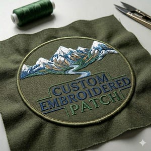 May include: A circular embroidered patch on olive green fabric featuring a mountain landscape with snow-capped peaks and a winding river. The text "CUSTOM EMBROIDERED PATCH" is stitched in dark blue and green thread below the mountain design.