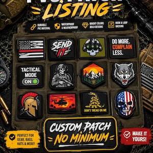 May include: A collection of rectangular, square, and hexagonal PVC patches featuring various graphic designs including a skull, a wolf, a helicopter, a spartan helmet, and text such as SEND IT, TACTICAL MODE ON, and DO MORE. COMPLAIN LESS.