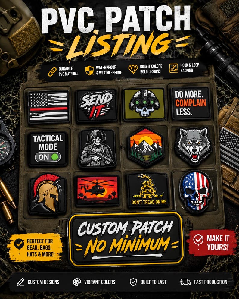 May include: A collection of rectangular, square, and hexagonal PVC patches featuring various graphic designs including a skull, a wolf, a helicopter, a spartan helmet, and text such as SEND IT, TACTICAL MODE ON, and DO MORE. COMPLAIN LESS.