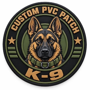 May include: A circular PVC patch featuring a detailed illustration of a German Shepherd dog wearing a green collar. The text CUSTOM PVC PATCH is arched at the top, and K-9 is at the bottom. The design includes two stars and horizontal bars.