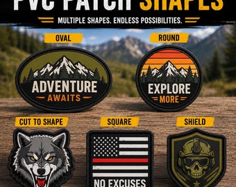 May include: Five PVC patches in oval, round, custom, square, and shield shapes. The oval patch shows mountains and says ADVENTURE AWAITS. The round patch shows a sunset and says EXPLORE MORE. The custom patch shows a wolf, the square shows a flag with a red line and NO EXCUSES, and the shield shows a skull in a helmet.
