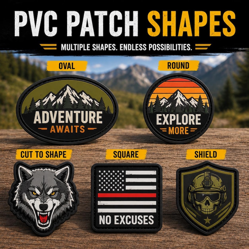 May include: Five PVC patches in oval, round, custom wolf, square, and shield shapes. The oval patch shows mountains with text 'ADVENTURE AWAITS'. The round patch shows a sunset over mountains with 'EXPLORE MORE'. The square patch features an American flag with a red stripe and 'NO EXCUSES'. The shield patch displays a tactical skull.