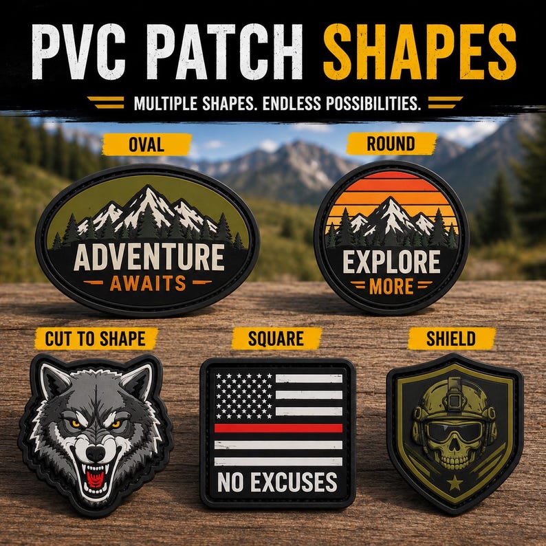 May include: Five PVC patches in oval, round, custom wolf, square, and shield shapes. The oval patch shows mountains with text 'ADVENTURE AWAITS'. The round patch shows a sunset over mountains with 'EXPLORE MORE'. The square patch features an American flag with a red stripe and 'NO EXCUSES'. The shield patch displays a tactical skull.