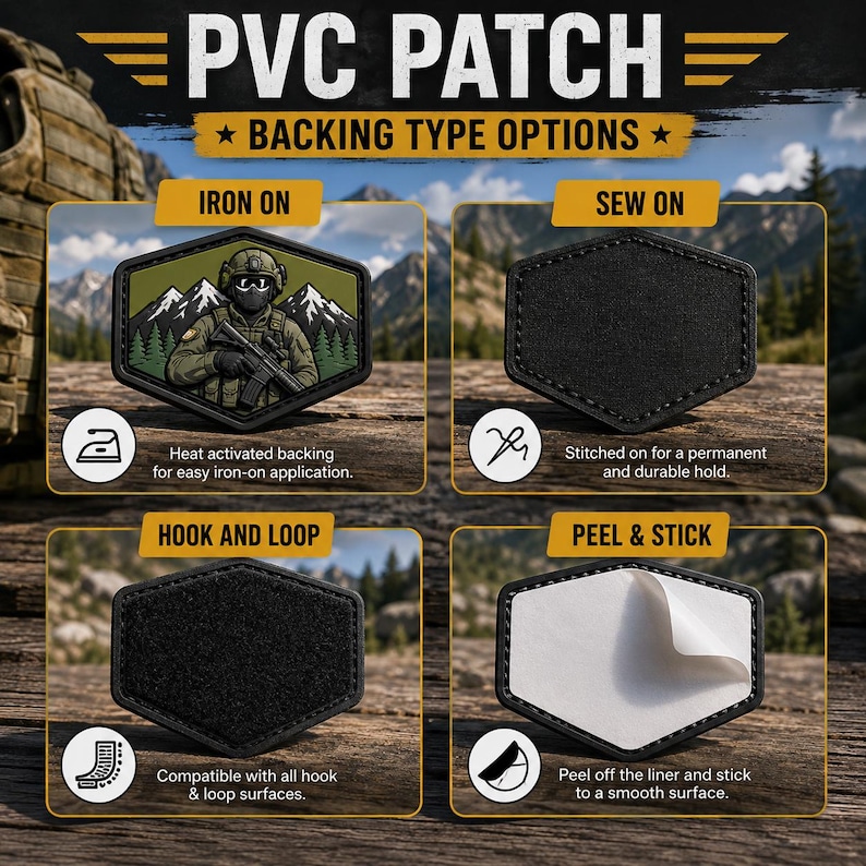 May include: A PVC patch display showing four backing options: iron-on with a soldier graphic, sew-on with black fabric, hook and loop with a black textured surface, and peel and stick with a white adhesive liner. Text includes PVC PATCH and BACKING TYPE OPTIONS.