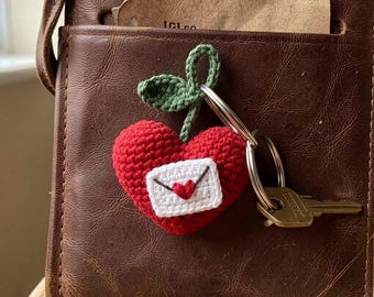 Cherry Love Letter Crochet Charm, Valentine Heart Note Accessory, Sweet Cottagecore Bag Tag