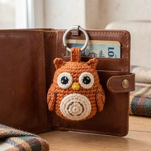 May include: A crocheted owl keychain featuring a rust-orange body, a cream-colored belly, and large white eyes with black pupils. The owl has a small yellow beak and is attached to a silver-toned metal split ring, resting against a brown leather wallet.