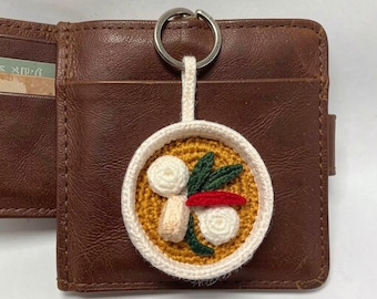 Thai Coconut Curry Bowl Bag Charm, Miniature Food Crochet Accessory, Spicy Kitchen Decor Gift