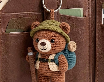 Gebreide rugzakbedel wandelaarbeer, bosdierentasaccessoire, katoenen garensleutelhanger