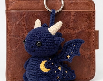 Night Dragon Star Amigurumi Charm, Celestial Fantasy Crochet Bag Accessory, Whimsical Mythical Creature Keychain
