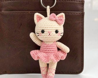 Ballerina Cat Plush Bag Charm, Crochet Kitty Tutu Keychain, Whimsical Animal Purse Accessory
