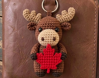 Moose and Maple Leaf Keychain, Canadian Wilderness Bag Charm, Northern Forest Yarn Accessory