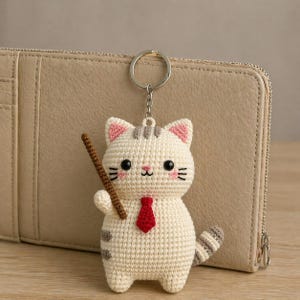 Puede incluir: Un llavero de gato tejido a ganchillo con una corbata roja y un palo marrón. El gato tiene orejas internas rosas, rayas grises y ojos negros. El llavero está unido a un anillo plateado. El fondo incluye una cartera beige.
