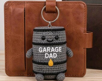 Gehaakte sleutelhanger olievat, garage Dad-accessoire, industrieel werkplaatsdecor