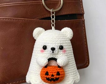Gehaakte pompoenbedel spookbeer, spookachtige halloweentasaccessoire, beeldje herfstoogst