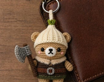 Crochet Viking Bear Plushie, Norse Warrior Axe Charm, Fantasy Backpack Accessory