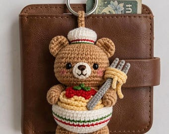 Italiaanse beer spaghettivork amigurumi-bedel, pastaliefhebber foodie-accessoire, grillige culinaire sleutelhanger